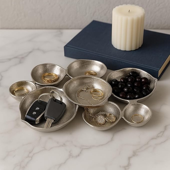 9 Cluster Decorative Bowls Bright Silver Snack Tray Bowl Chip & Dip Serving Piece Strong Brass Centerpiece Beautiful Room Accent & Entertaining Parties Home Decor Wedding Gifts 22 Inch Decorative Gift