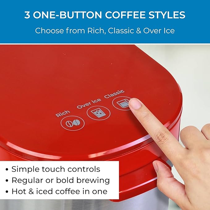 Kenmore Single Serve Coffee Maker – 6–12 Oz Brew Sizes, Compatible with Keurig K‑Cup Pods & Ground Coffee, One Cup Brewer, Travel Mug Friendly, Auto Shut‑Off, Hot & Iced maquina de cafe, Red