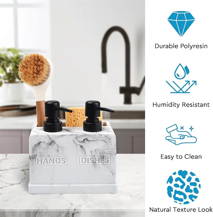 Kitchen Soap Dispenser Set,with Liquid Hand and Dish Soap,Sponge Holder and Brush Holder 4-in-1 Dual Soap Dispenser Set for Kitchen Sink, Bathroom - Artificial White Marble Look