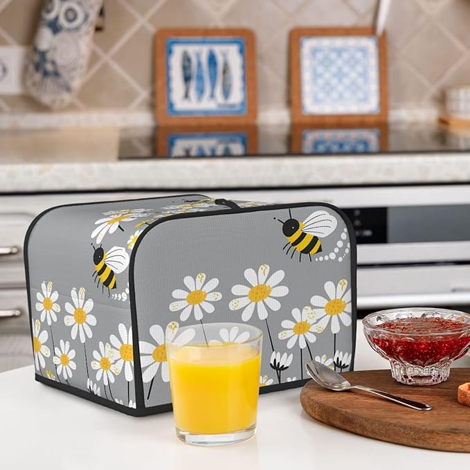 Toaster Cover 4 Slice Cute Bee Daisy Floral Waterproof Appliance Cover with Hang Loop Bread Baker Toaster Cover for Kitchen
