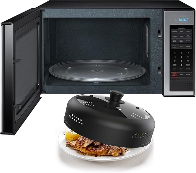 Microwave Cover for Food, Silicone and Glass Splatter Guard Lid for 6–7–8–9-10-11-12 inch Plates & Bowls. By EZY ACTIVE.