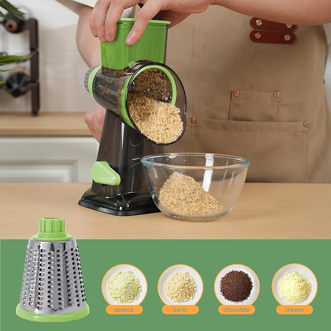 Rotary Cheese Grater Multi-Purpose Stainless Steel Shredder- Cheese Grater With handle Effortless Grating of Vegetables, Nuts and Fruits,with Suction Base and Cleaning Brush (green)