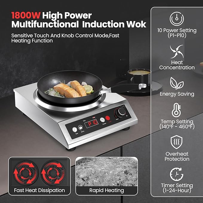 1800W Electric Wok Used For Home And Commercial,Induction Wok With Concave Surface Stainless Steel Strong Power Dual Control Mode 10 Power And Temp 24H Timer Induction Cooktop For Cooking
