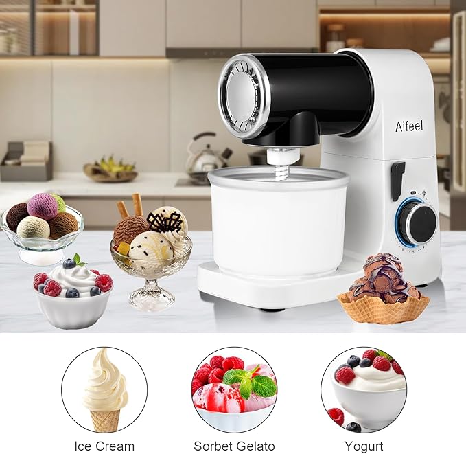 Aifeel Stand Mixer, 6.5QT Mixer with Ice Cream Maker Attachments, Kitchen Electric Mixer Multifunctional Bread Dough Mixer with Dough Hook,Whisk & Beater, Food Mixer for Baking (Black-White)
