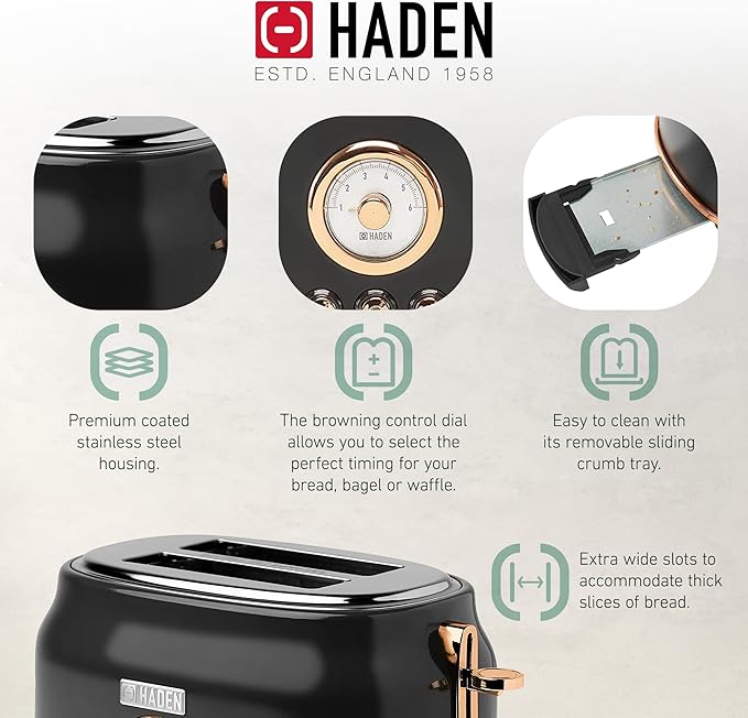 Haden Dorset 2 Slice Wide Slot Stainless Steel Toaster with Adjustable Browning Control & Non-Slip Feet, Black & Copper