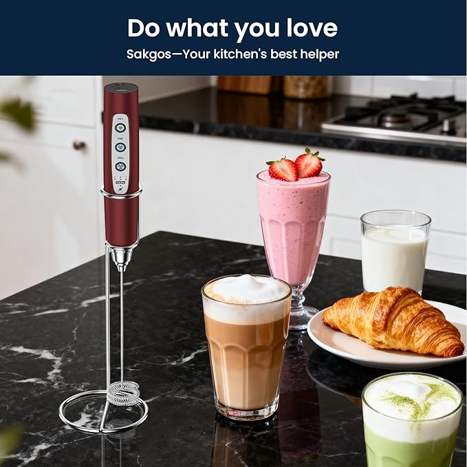 Sakgos Milk Frother with Stand Rechargeable-Handheld Frother Wand with 3 Stainless Whisks 3 Speed Adjustable, Electric Whisk Drink Mixer, Foam Maker Blender for Matcha Latte Cappuccino Chocolate