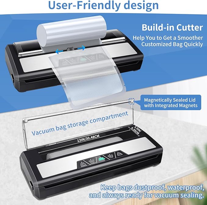 Vacuum Sealer Machine, Food Sealer Machine 80KPA Automatic for Food Saving Dry/Moist Mode with Build-in Cutter & Storage, Air Suction Hose, One-Touch,High Suction Power