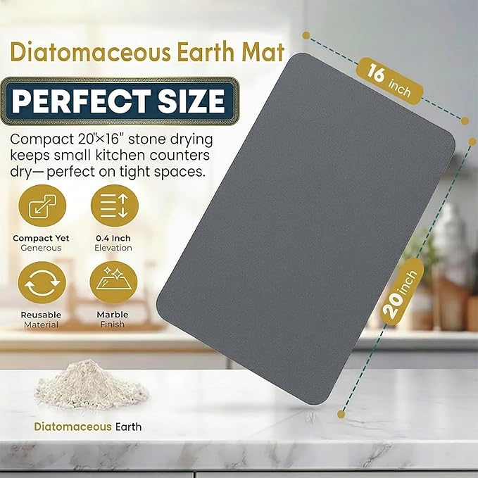 Stone Drying Mat for Kitchen Counter with 5 Wooden Feet, 19.7"×14.7" Diatomaceous Earth Dish Drying Mat, Elevated Drying Stone Mat for Modern Kitchen Countertop (Dark Gray, Standard-Solid)