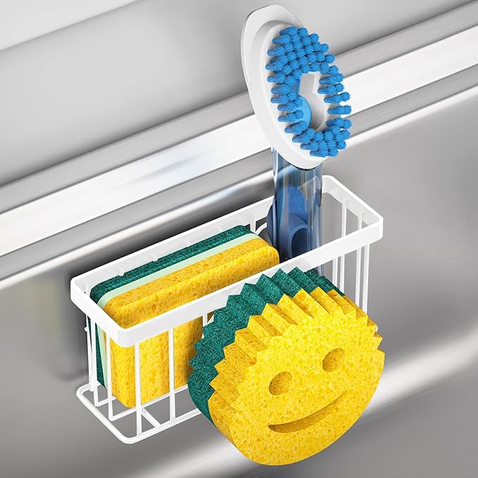 Sponge Holder Smiley Face,Sink Caddy,Kitchen Organizer with 2 Suction Cups/1 Adhesive Strips,Designed for Sponge,Soap,Dish Brush,Scrubber - White