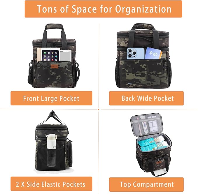 Expandable Large Insulated Lunch Box, Heavy Duty Lunch Cooler Bag Durable Leakproof Lunch Pail for Men Women Adults Work Shift Outdoor Picnic Camping Road Trip, 24 Can, Black-Camo, GLENKEY
