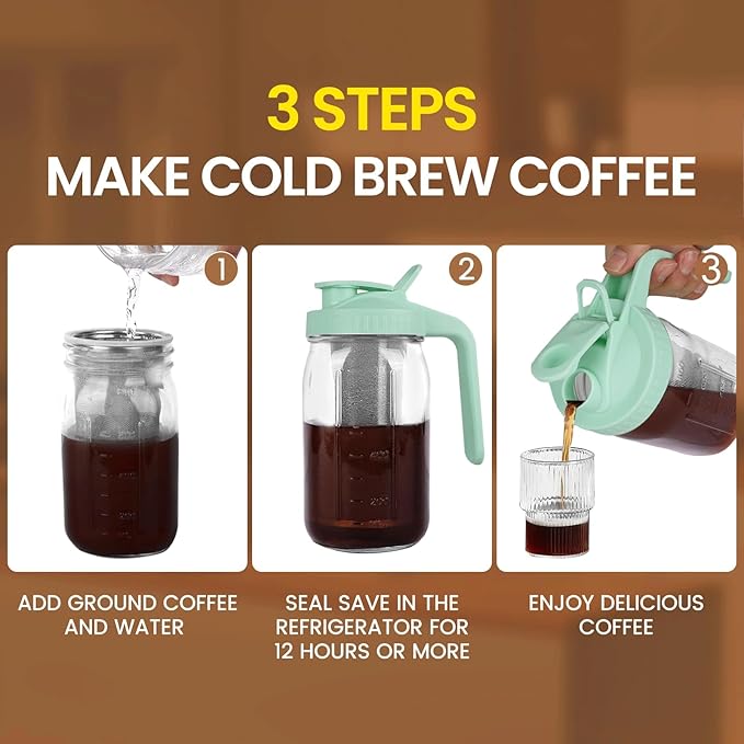 Cold Brew Coffee Maker,32 oz Mason Jar Pitcher with Stainless Steel Filter, Pour Spout Handle Lid, Heavy Duty Glass Airtight & Leak-Proof for Iced Coffee Tea Breastmilk Lemonade-Green
