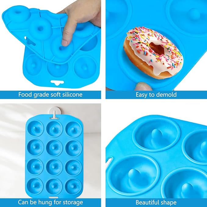 12 hole Silicone Donut Pan, Bite Size Silicone Donut Molds for baking, Mini Donut Mold Heat Resistant, Mini Donut Pan for baking Donuts, Muffin, Cake Biscuit Bagels, Non-stick Bottom, Dishwasher Safe