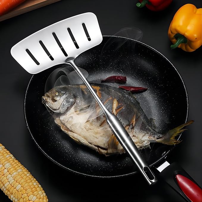 GREATLINK 304 Stainless Steel Fish Spatula,Wide Slotted Turner Steak Spatula With Heat Resistant Long Handle,Professional Kitchen Slotted Cooking Turner for Cooking or Baking