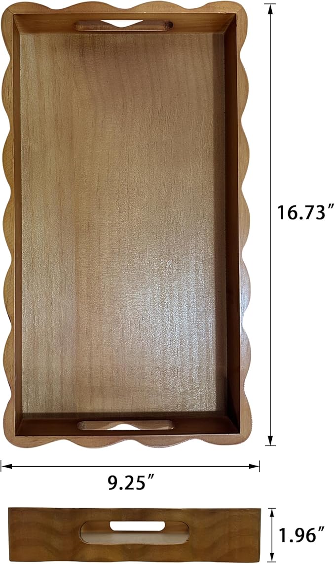 JUIOETURPine Wood Decorative Tray with Handle Rectangular Wooden Serving Tray for Breakfast in Bed,Coffee Table,Dining Table,or Kitchen - Perfect for Living Room,Bedroom,and Entryway Decor (Brown)