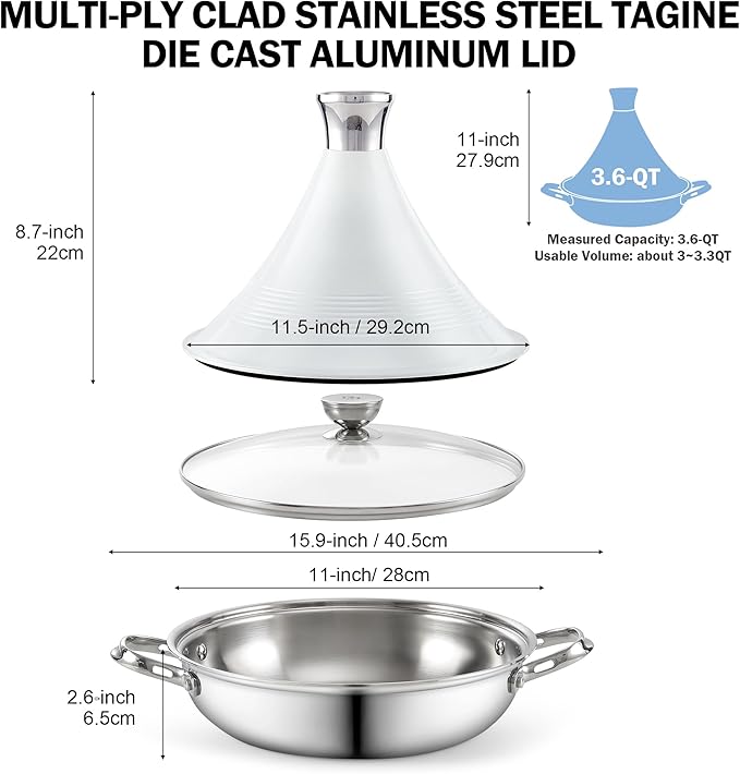 DM Tagine Pot, 11 Inch 3.6 Quart Moroccan Clay Tagine Pot Alternative, Multi-Ply Clad Stainless Steel, Traditional Cooking Pot with Die-Cast Aluminum White Conical Lid and Stainless Steel Knob