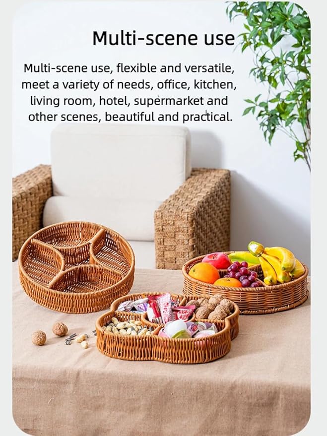 hand-woven round rattan basket storage basket storage box ornaments decorative basket multifunctional picnic food bread basket fruit gift basket key basket. (Circular trident)