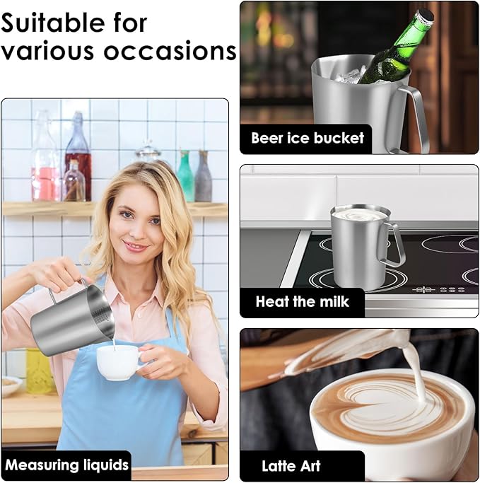 2 L Stainless Steel Pitcher with Lid, 70 OZ Large Metal Measuring Cup with Marking & Handle, Large Mouth Graduated Beakers, Milk Frothing Jug Metal Pitcher for Coffee Latte Art, Hot/Cold Water