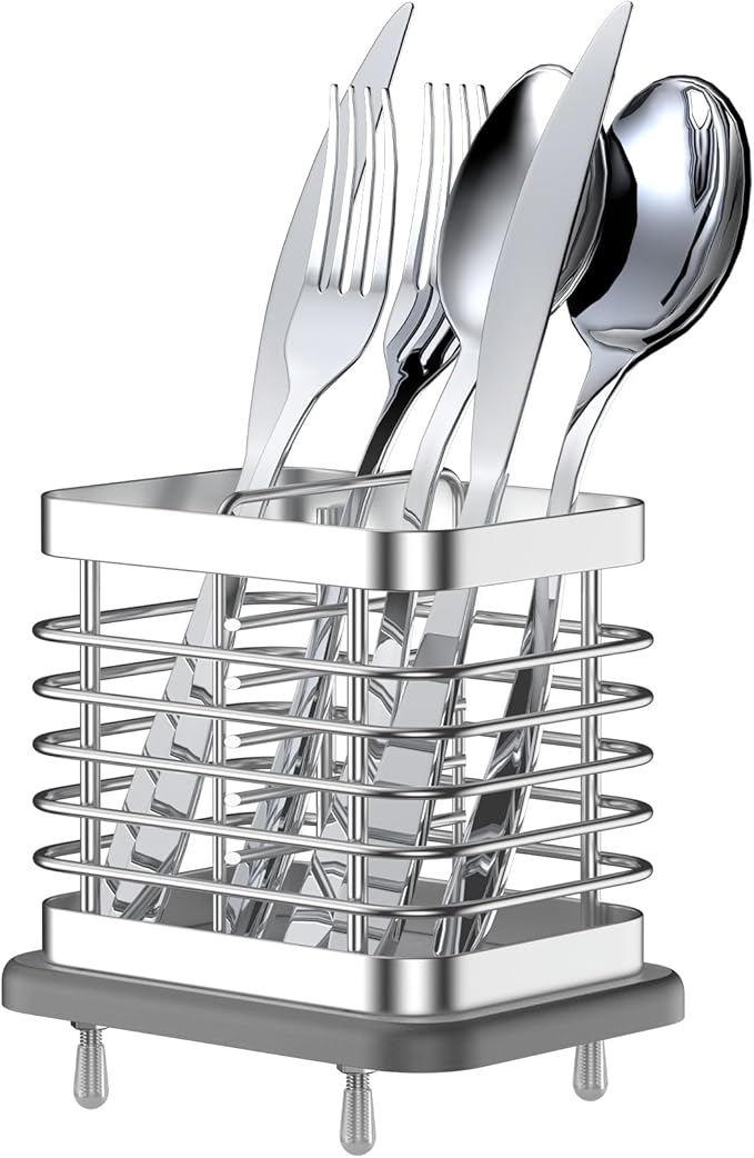 2 Slots Utensil Holder for Kitchen Counter, Small Stainless Steel Cutlery Holder Organizer with Drying Diatomaceous Earth Base, Utensil Drying Rack Spoon Fork Organizer Crock Storage, Sliver