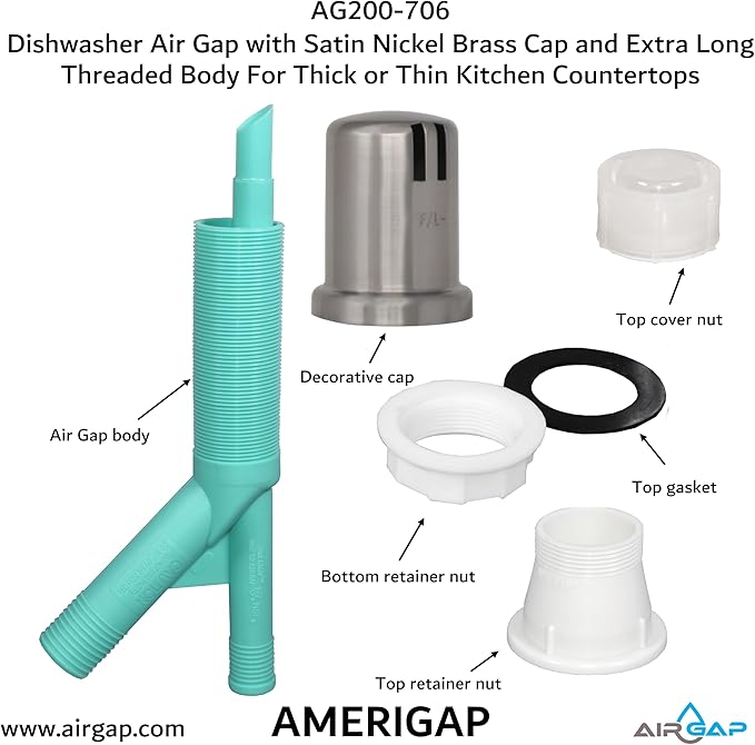 Dishwasher Air Gap with Skirted Satin Nickel Brass Cap and Extra Long Threaded Body for Thick or Thin Kitchen Countertops (AG200-706, AG200-X06, AMERIGAP)