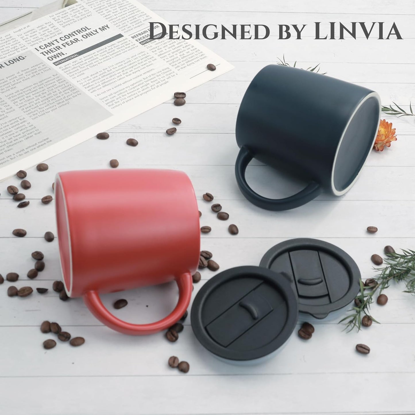Classic Mug, 14 oz Large Coffee Mug with Handle, Ceramic Porcelain Tea Cup, Smooth Matte (Sliding Lid, Set of 4, Red White Black and Navy Blue)