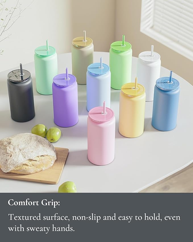 Glass Cups With Lids and Straws, 16oz Stainless Steel Beer and Iced Coffee Cup, Smoothie Drinking Glass, Black (Textured Matte Finish, Not Sublimatable)