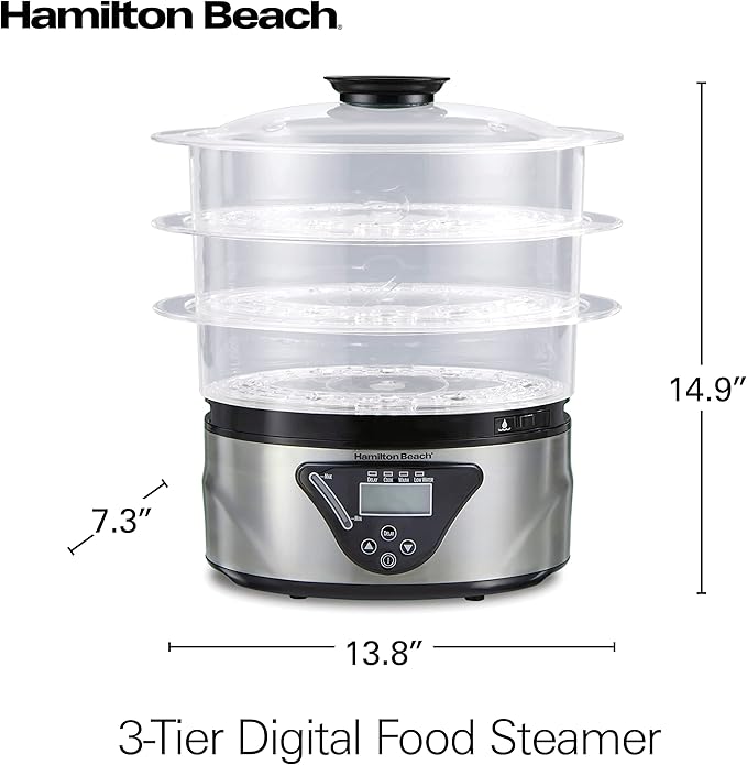 Hamilton Beach Digital Electric Food Steamer & Rice Cooker for Quick, Healthy Cooking with Stackable Three-Tier Bowls for Vegetables and Seafood, 8.25 Quart, Black & Stainless Steel
