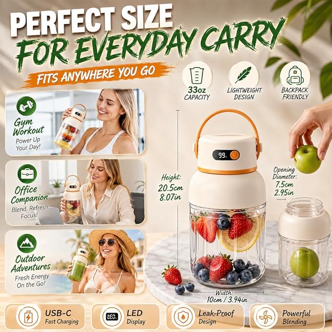 Portable Electric Juicer Cup with Zero Cord Hassle, 1200ml Multifunctional Wireless 2-In-1 Dual Lid Personal Blender Bottle with Straw 38-Blades USB Rechargeable for Gym Office Outdoor (1200ml)