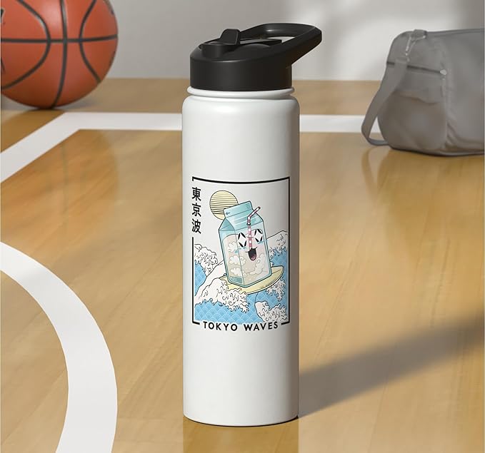 Happy Milk Carton Surfing Japanese Waves Kawaii Aesthetic Stainless Steel Insulated Water Bottle
