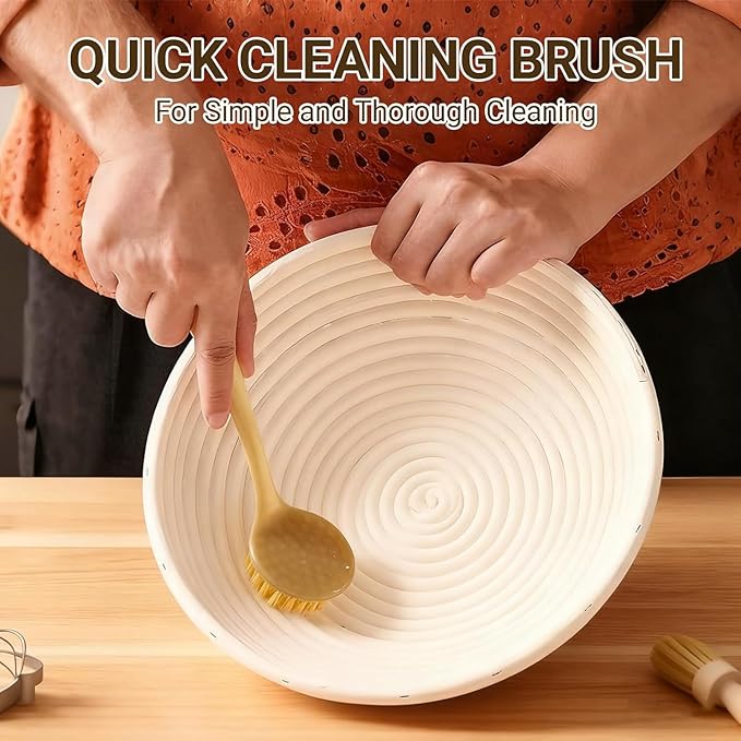 9 Inch Round Sourdough Proofing Basket, 7-Piece Complete Starter Kit with Linen Liner & Baking Tools, Bread Baking Supplies & Accessories Gift Set, Local Warehouse Shipment (1 Pack)