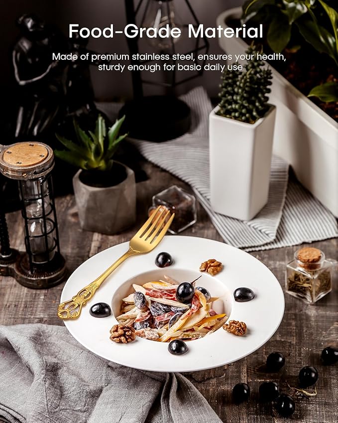 Gold Silverware Set, Ollex 24 Pieces Retro Flatware Set for 4 with Spoons Forks Black Steak Knives Anti-rust Silverware Steel Cutlery Set, Gold Utensil set Mirror Polished&dishwasher safe