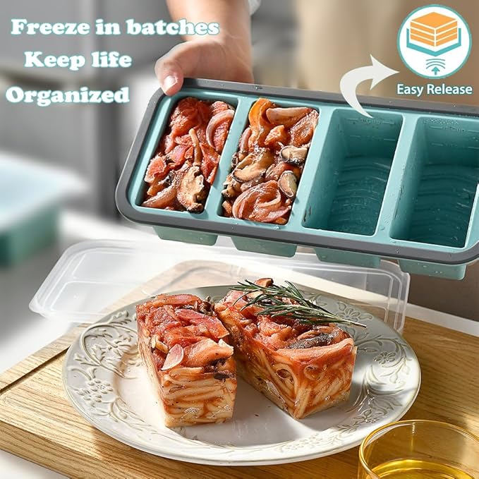 1/2 Cup Silicone Freezer Molds for Soup Ice Cubes, 4 Cavity Freezer Tray with Lid for Food, Homemade Large Ice Cube、Frozen Broth、Leftovers and Meal Prep - Set of 2