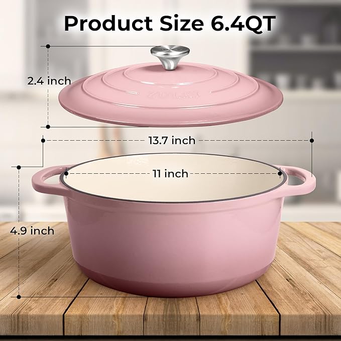 Zulay Kitchen 6 Quart Enameled Cast Iron Dutch Oven Pot with Lid – Premium Durability & Oven Safe up to 500°F – Heavy Duty Cookware Perfect for Bread Baking, Stews, Braising & Roasting - Pink
