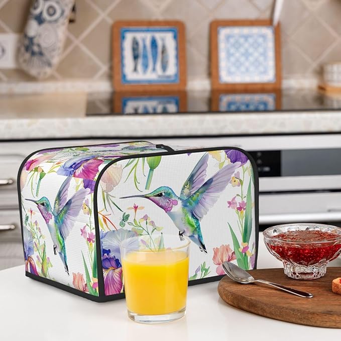 Toaster Cover 4 Slice Spring Hummingbird Iris Floral Waterproof Appliance Cover with Hang Loop Bread Baker Toaster Cover for Kitchen