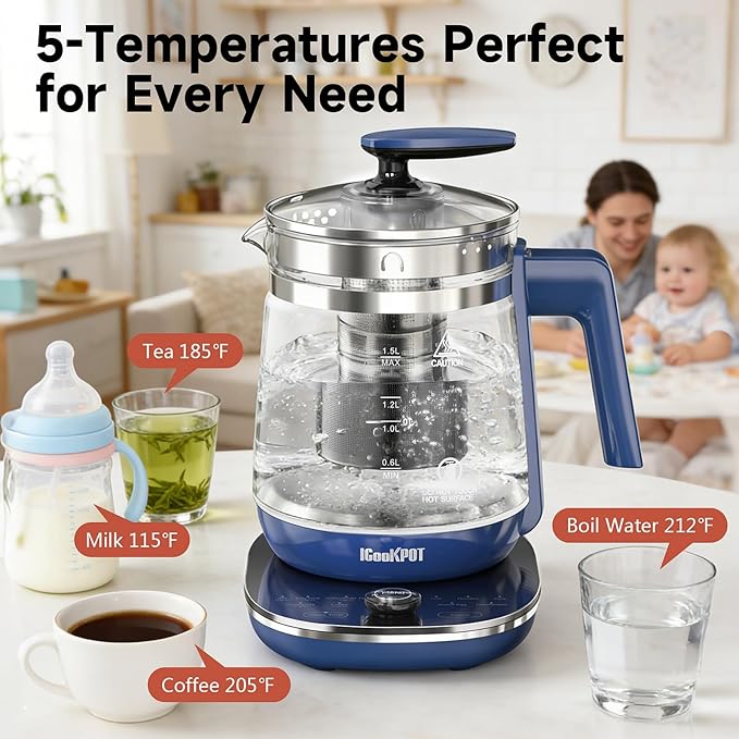 1200w Electric Kettle, 1.5L Borosilicate Glass tea kettle, Hot water kettle electric for Coffee or Tea, BPA Free, Auto Shut-Off, Stainless Steel, Fast Boil, Blue