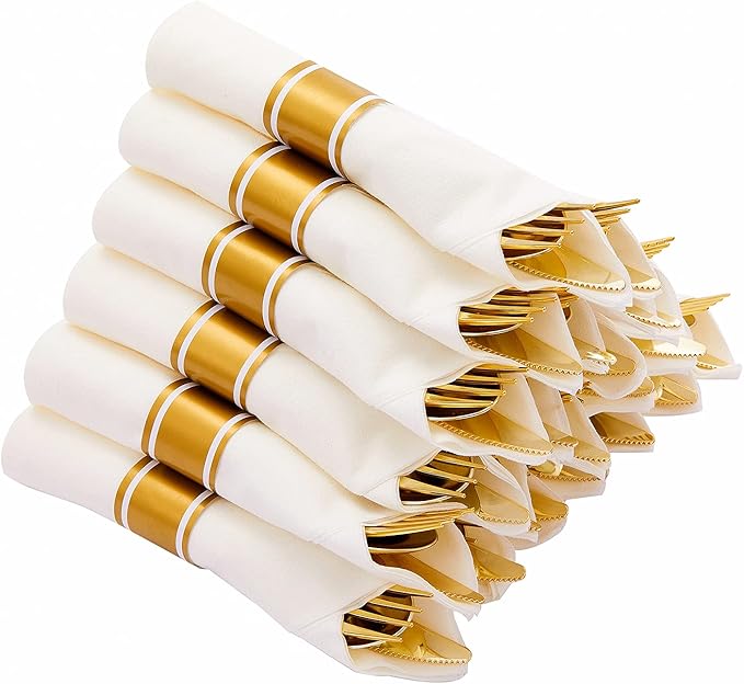 N9R 50 Pack Pre Rolled Gold Plastic Cutlery Set, Wrapped Plastic Silverware Set with 50 Forks, 50 Knives, 50 Spoons and 50 Napkins, Disposable Cutlery Set for Party and Wedding