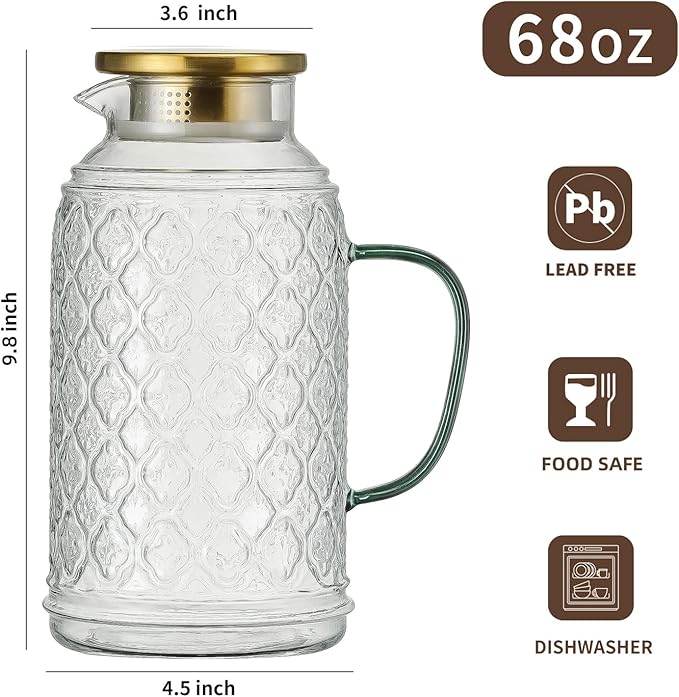 Buaic Glass Pitcher with Lid, 68 oz/2 Liter Vintage Water Pitcher, Clear Borosilicate Glass Water Carafe for Cold Brew, Coffee, Lemonade, Iced Tea, Juice, Beverage, Heat Resistant Water Glass Jug