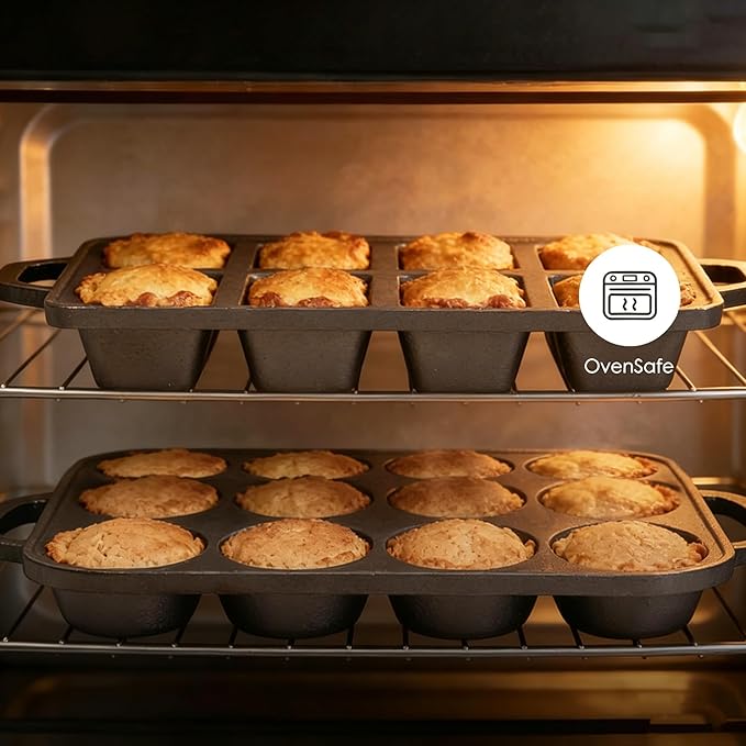 Flavehc Cast Iron Muffin Pans 12 Cup and Cast Iron Mini Loaf Pans 8 Cavity Regular Size Cupcake Pan Pre-Seasoned Loaf Pans Molds for Baking