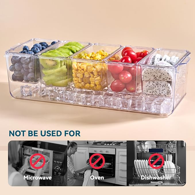 Chilled Condiment Tray Server with 5 Containers and Removable Compartments, Large Ice Chilled Condiment Organizer, Clear Garnish Serving Platter for Fruit, Salad, Food, Bar Accessories
