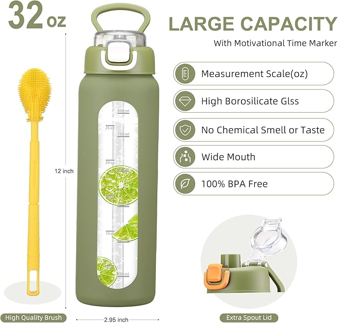 chunmo 32 oz Glass Water Bottles with 2 Lids-Handle Spout Lid & Straw Lid, 1 Liter Motivational Borosilicate Water Bottle with Time Marker and Silicone Sleeve,Leakproof-Army Green-1 Pack