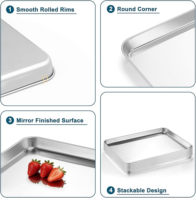 TeamFar Baking Sheet Pan, 6 Pack Stainless Steel Half Size Baking Pans Set, Metal Large Cookie Sheets for Baking/Roasting/Serving, Non-Toxic & Heavy Duty, Dishwasher Safe, 17.6” x 13” x 1”