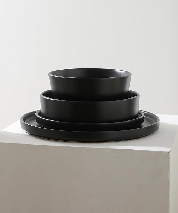 Stone Lain Celina Modern Stoneware 16-Piece Dinnerware Set, Cereal and Dinner Bowls, Dinner Plates, Plates and Bowl Set, Dishes for 4, Black
