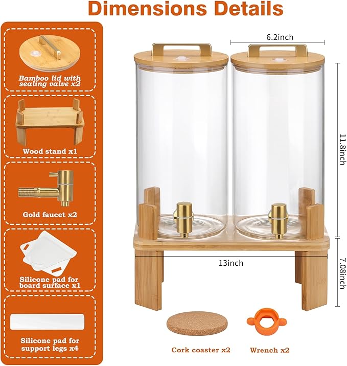 1.5 Gallon 2PCS Glass Drink Dispenser for Parties,Beverage Dispenser with Wooden Stand, Lemonade Dispenser,Juice Containers & Water Pitcher with Lid for Lemonade, Iced Tea and Party Drinks