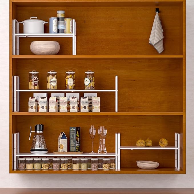 iPEGTOP Expandable Cabinet Storage Shelf Organizer Rack, Heavy Duty Cupboard Stand Spice Rack Adjustable Height Garage Pantry Shelf Space Riser for Counter Kitchen Organization, White, 3 Pack