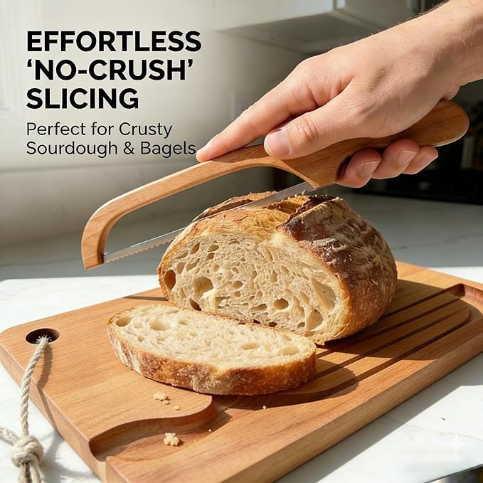 Bow Knife and Board Set, Wooden Bread Slicer with Crumb Tray, Ambidextrous Left & Right Handed, No-Crush Cutting for Sourdough & Bagels, 10 Inch Stainless Steel Blade, Rustic Gift(Bamboo wood)