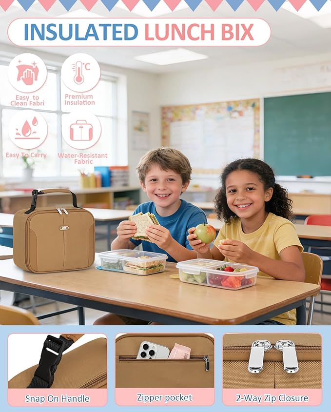 Capolo Insulated Lunch Bag for Kids and Adults, Lunch Box for Men Women, Insulated Reusable Lunch Bag for Work and School, Portable Lunch Box Cooler Bag, Cute Easy to Clean Lunch Tote Meal Bag, khaki