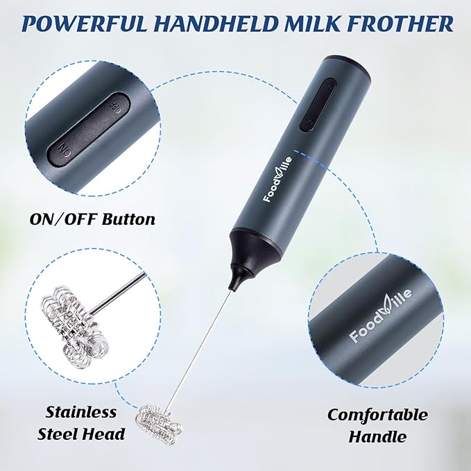 FoodVille MF05 Rechargeable Milk Frother USB Charging Handheld Foam Maker with Stainless Balloon Whisk for Cappuccino, Latte, Bulletproof Coffee, Keto (Grey without Stand)