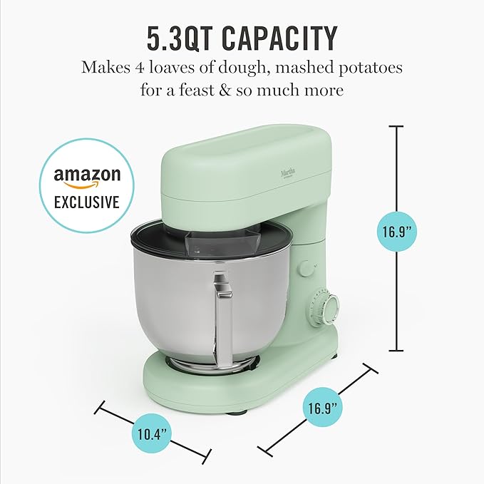 Martha Stewart  Tilt-Head Stand Mixer, 12 Speed, 5.3QT Stainless Steel Bowl, Splash Guard with Pour Chute, Whisk, Dough Hook, Flat Beater, Electric Kitchen Baking Mixer, Bread, Cake, Whip, Honeydew