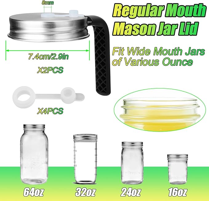 Palksky Mason Jar Lids with Straw Hole & Handle for Regular Mouth Jars, Leak-Resistant Drinking Lids with Extra Silicone Rings, Mason Jar Straw Lids for Iced Coffee, Lemonade, Juice (2 Pack)