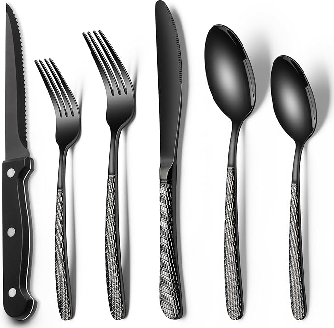 EWFEN 24-Piece Black Silverware Set with Steak Knives, Black Flatware Set for 4, Food-Grade Stainless Steel Tableware Cutlery Set, Mirror Finished Utensil Sets for Home Restaurant, Round Hammered