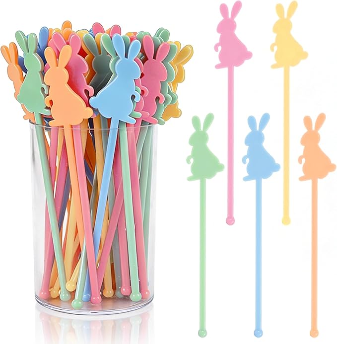 JarThenaAMCS 50 Pcs Easter Bunny Drink Stirrers Pastel Rabbit Plastic Swizzle Sticks Reusable Cocktail Stir Sticks for Coffee Tea Hot Cocoa Beverage Bar Home Party Supplies